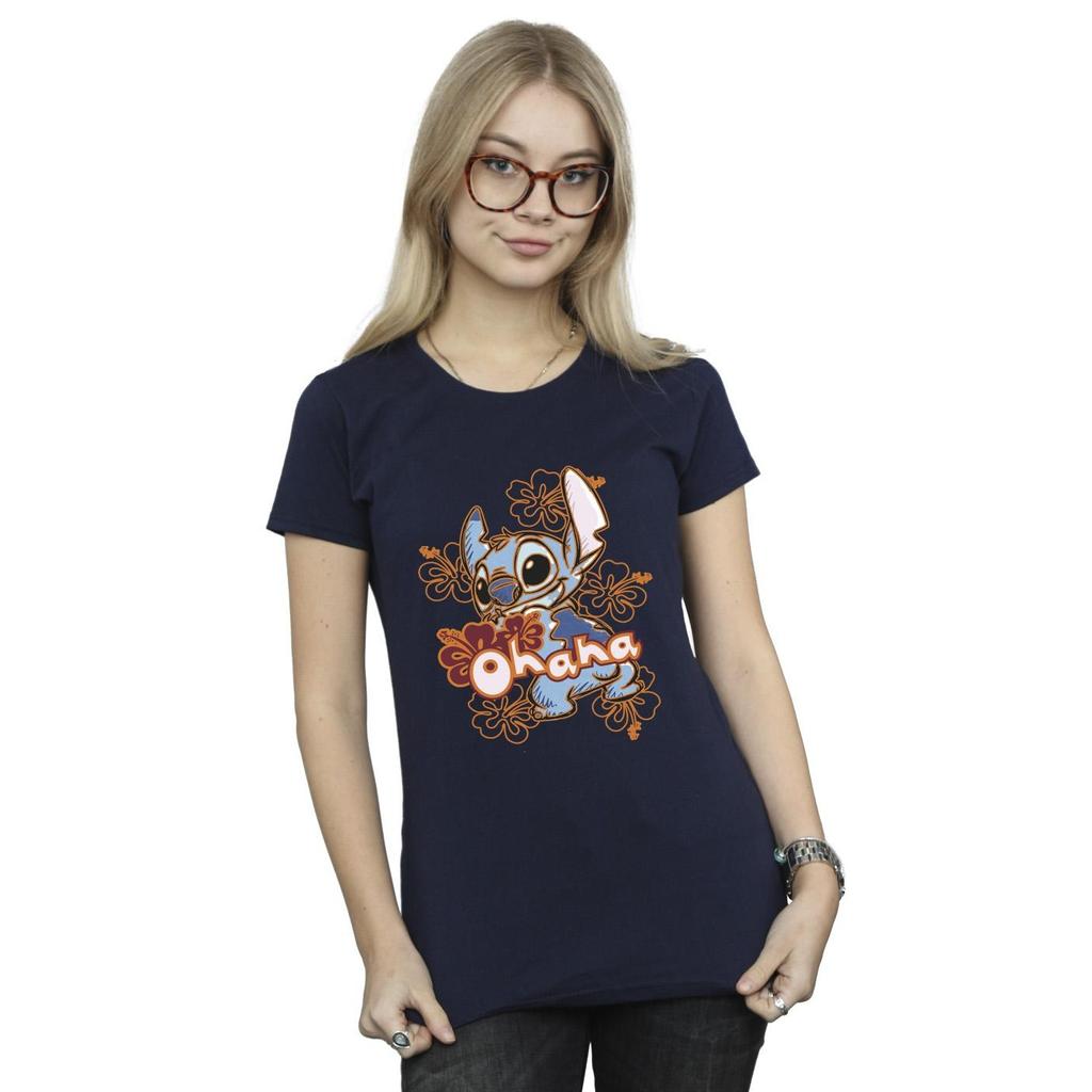 Disney Womens/Ladies Lilo And Stitch Ohana Orange Hibiscus Cotton T-Shirt