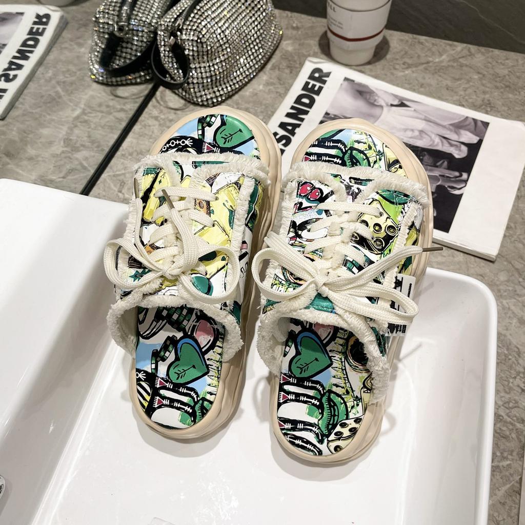 Дизайнерские летние женские тапочки на платформе, мюли с граффити, шлепанцы, уличные сандалии, сабо, повседневная обувь на плоской подошве для женщин