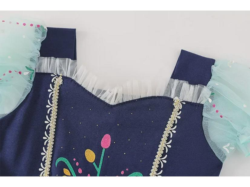 Girls' Ballet Dance Costume - Hidden Button, Open Crotch, Cross-Border Printed Mesh Dress for Performances, Princess Anna Style.