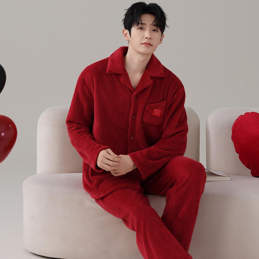 Красная свадебная пижама из кораллового флиса, костюм для пары молодоженов, осенне-зимняя утолщенная фланелевая пижама, новогодняя домашняя одежда для мужчин и женщин