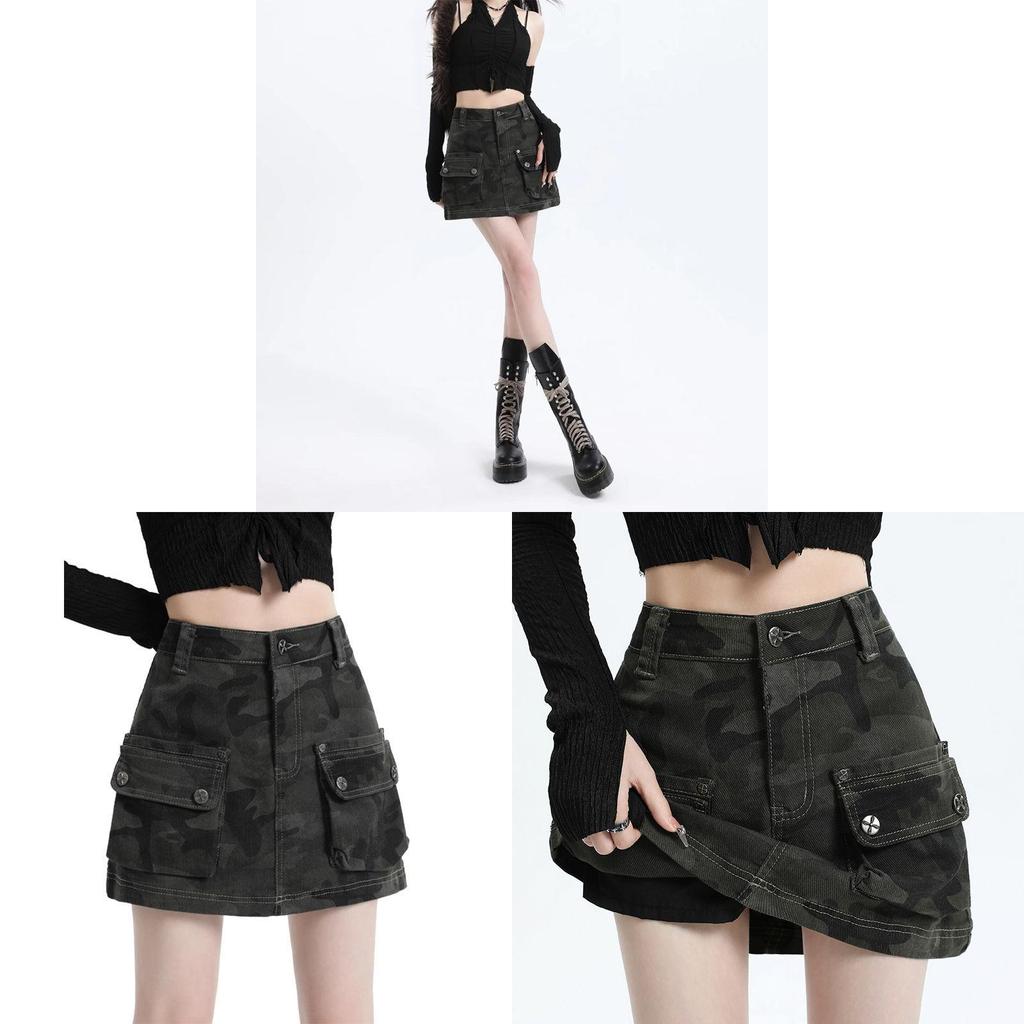 Military Green Camouflage Denim Mini Skirt With Vintage Wash For Summer Casual Wear