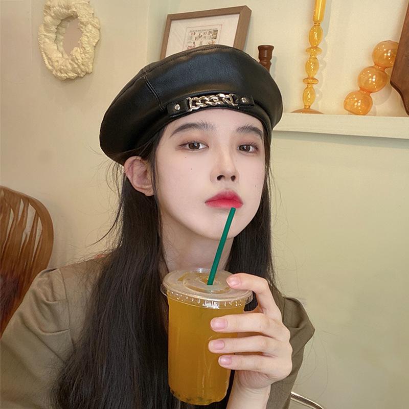 Женская мода винтаж элегантный металлическая цепочка кожа восьмиугольный берет дамы винтажные однотонные береты