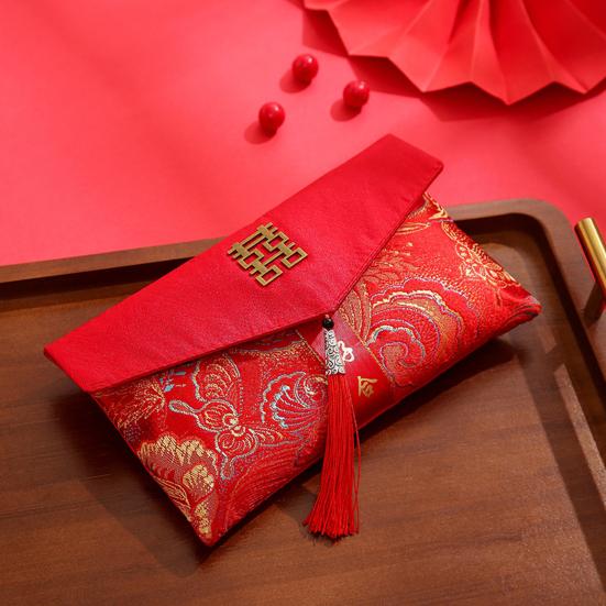 Chinese New Year Red Cash Envelope Faux Silk Red Pocket Embroidery Dragon Pattern Tassel Money Holder Cash Coin Gift Lucky Money Envelope Happy