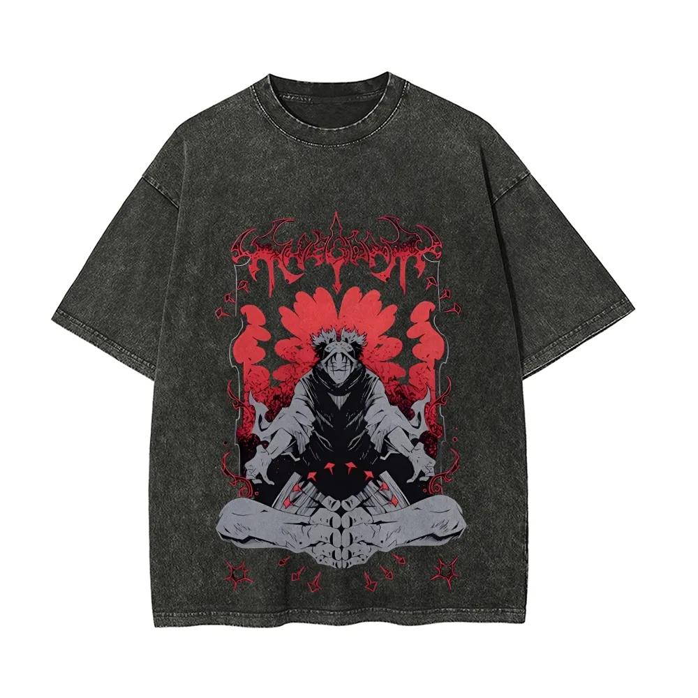 Футболка Рёмен Сукуна Jujutsu Kaisen Стиль Death Metal Винтажная Стирка Оверсайз Ретро Темный Аниме Графика Харадзюку Мужской Топ