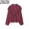Zbzr Spring New Women Clothes Western Style Fashion Laminated Frill Decorative Round Neck Long Sleeve Shirts 1304737