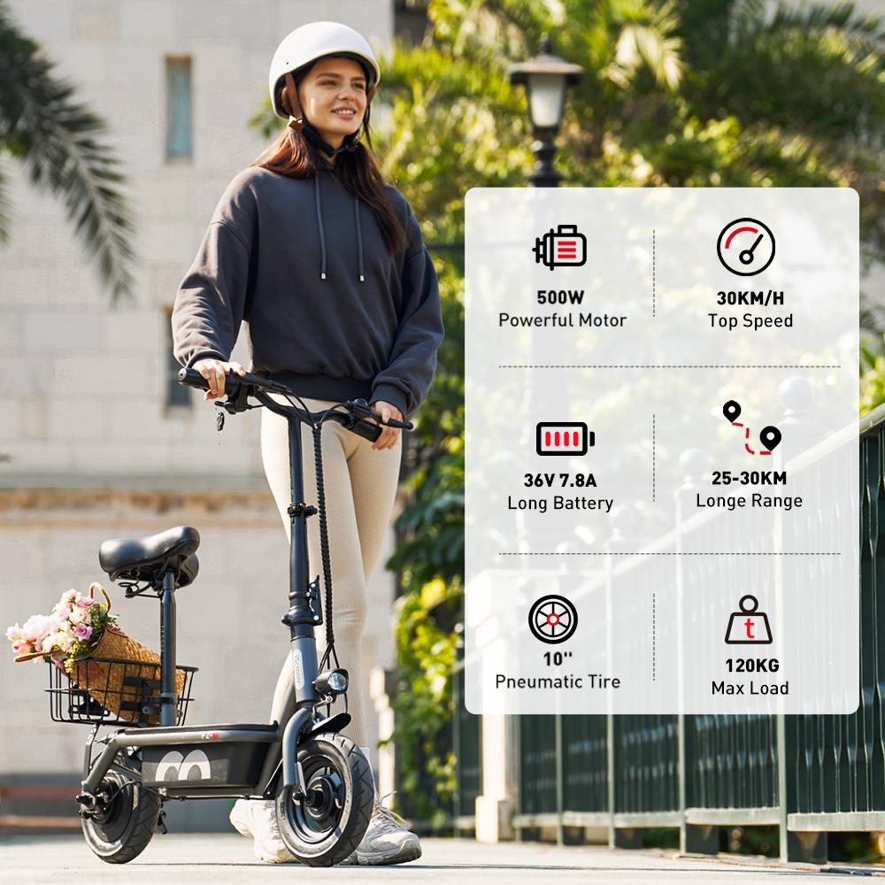 iScooter Electric Scooter F2 Adult Shopping Scooter 500W 30km/h Max Load 120KG 10 Inch Folding Light Weight with Seat and Basket