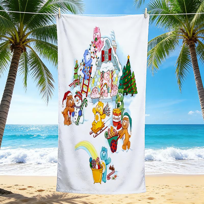 1Pc Christmas Care Bears Scene Beach Towel, Quick Dry, Multi-Use for Beach Pool Gym Yoga Home Travel, Christmas, Halloween, Xmas Gift S115