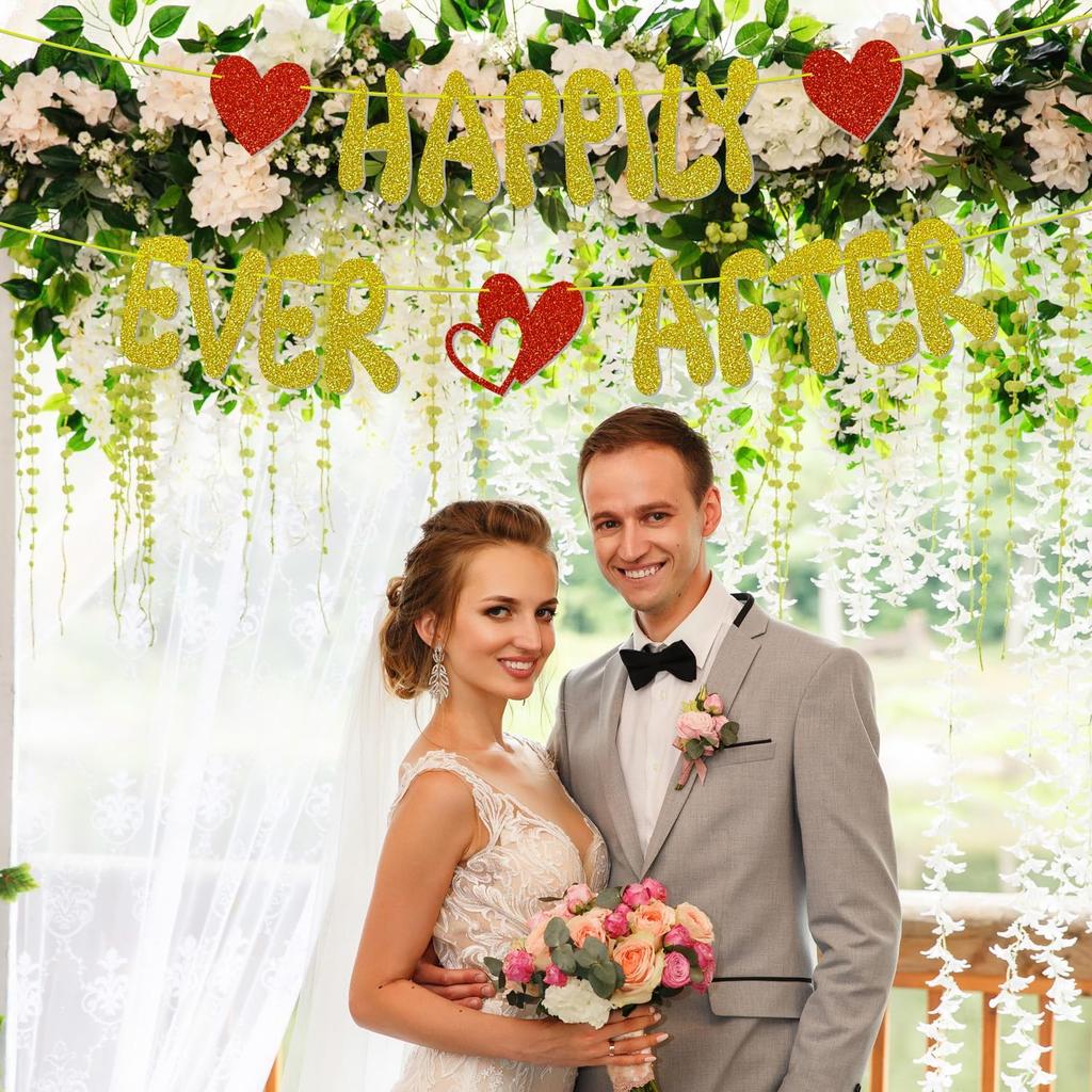 Happily Ever After Glitter Banner, NO-DIY,Bachelorette Wedding Party Banner Bridal Shower Banner Gold, Wedding Engagement Party Supplies