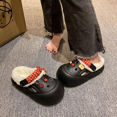 Красные тапочки-корень, ленивые тапочки из хлопка двойного ношения, милые яблочные шлепанцы, женские 2025 осень и зима новые