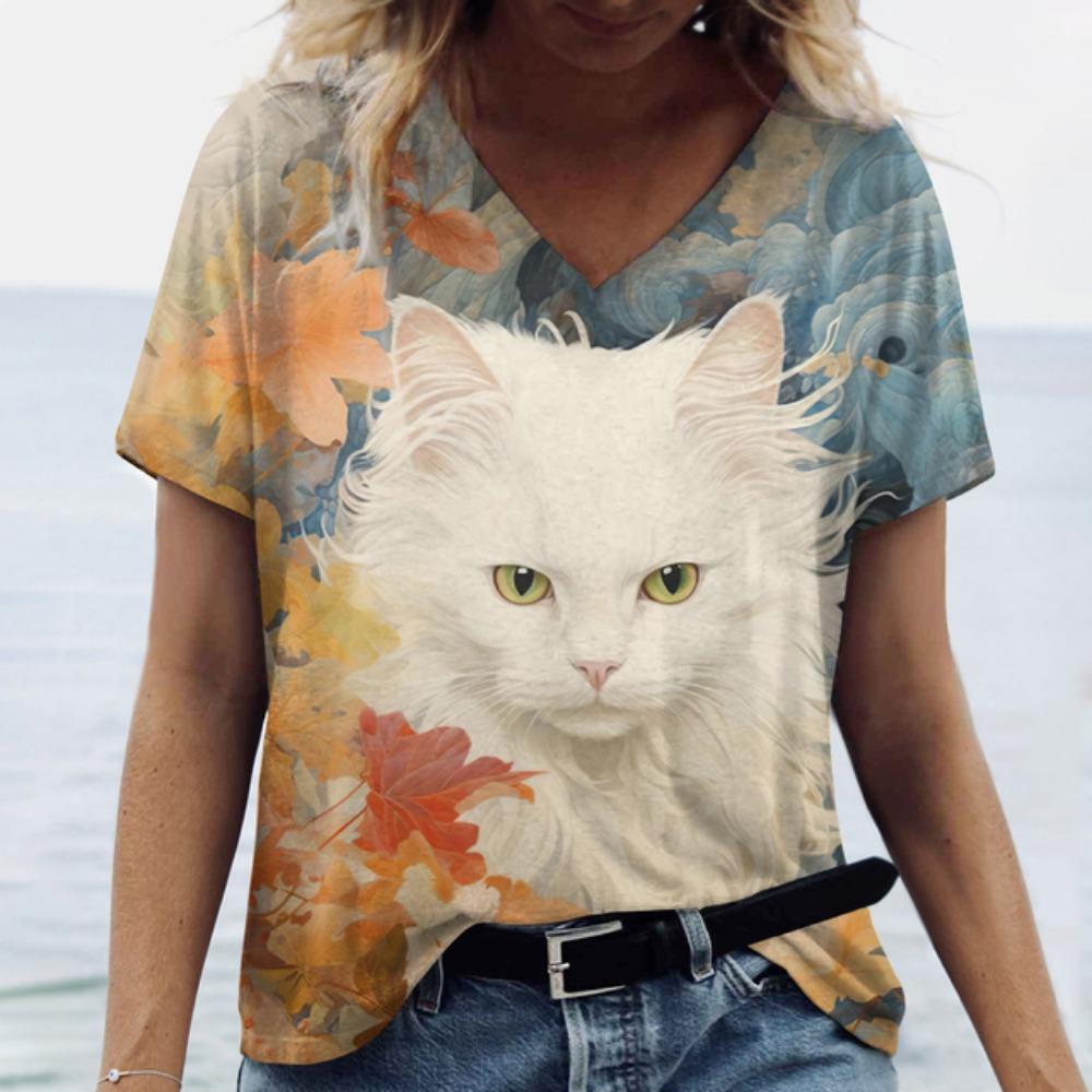 Женские футболки с коротким рукавом и V-образным вырезом, летняя одежда с принтом животных, симпатичные уличные топы с изображением женщины-кошки из мультфильма 2024
