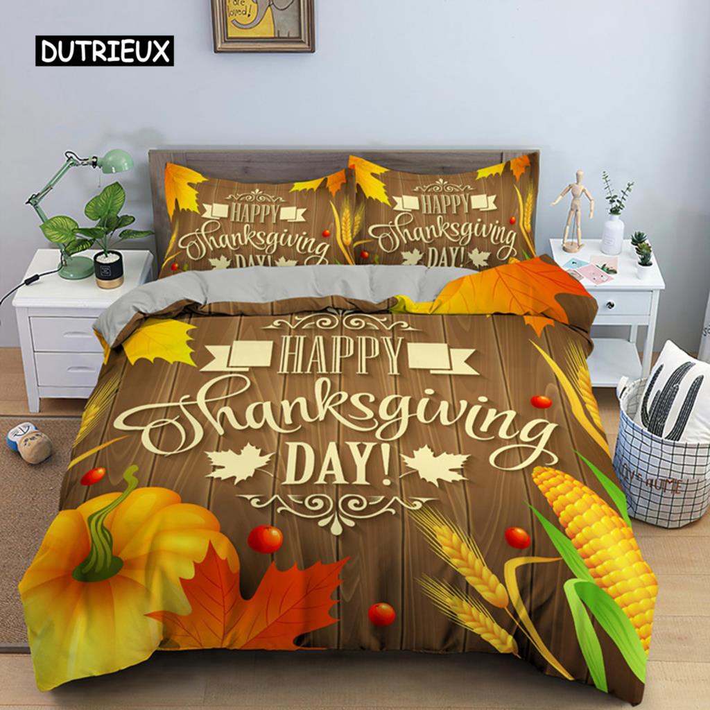 Осенний пододеяльник на День благодарения King Queen Cartoon Orange Pumpkin Turkey Комплект постельного белья Кленовые листья Мягкий полиэстеровый пододеяльник