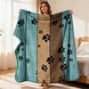 Dog Paw Print Blanket Soft Hypoallergenic Flannel Geometric Teal & Brown Stripes with Black Paw Prints All-Season Multi-Use for So