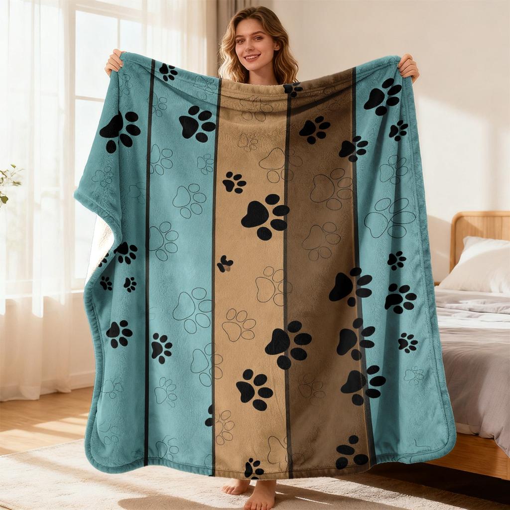 Dog Paw Print Blanket Soft Hypoallergenic Flannel Geometric Teal & Brown Stripes with Black Paw Prints All-Season Multi-Use for So
