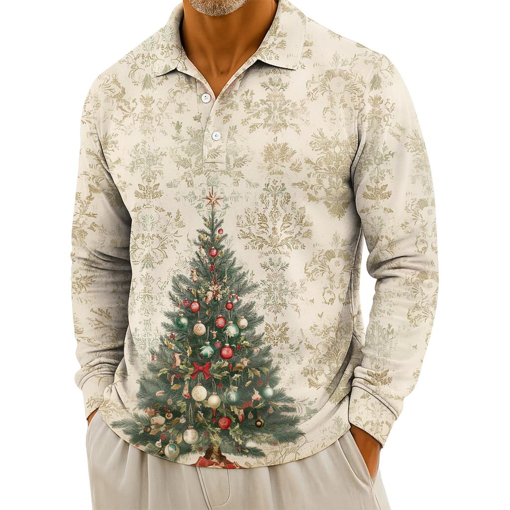Men's Casual Christmas Print Button Long Sleeve Shirt