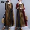 Autumn Women's Plus-size Mm Slimming Retro Age Reduction Ethnic Style Fat Sister Long Sleeve Striped Dress Autumn and Winter