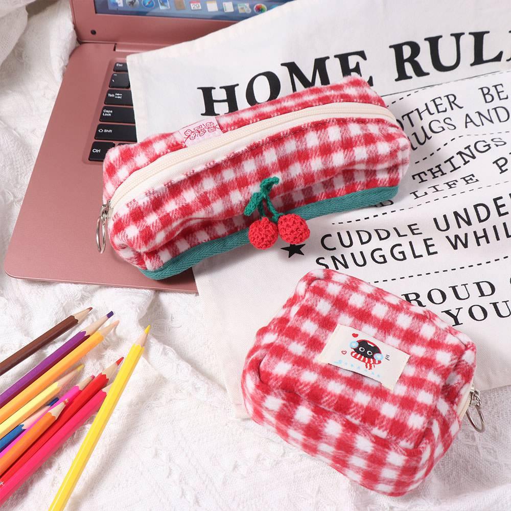 Plush Plaid Pencil Case Sweet Cosmetics Zipper Bag Kawaii Stationery Storage Pouch Children