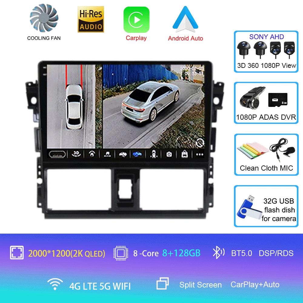 Для Toyota Vios Yaris 2013 2014 2015 2016 Автомагнитола Android 14 Carplay Auto Мультимедийный Видеоплеер GPS Навигация 2din Стерео