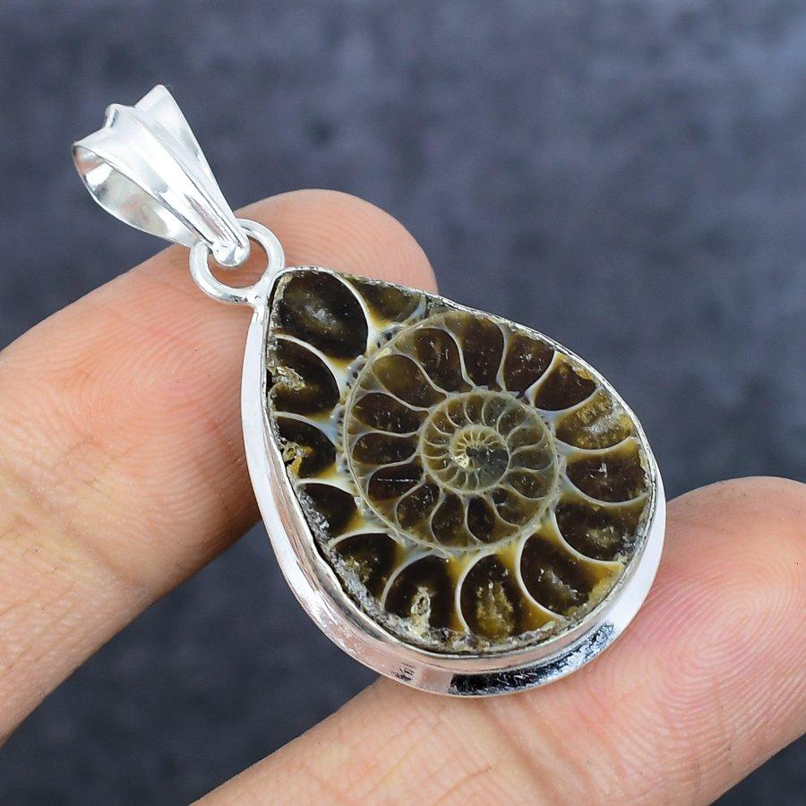 Ammonite Fossil Gemstone Handmade 925 Sterling Silver Jewelry Pendant 2.48" s8D76