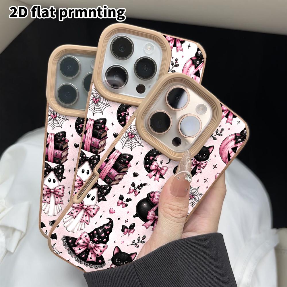 Phone Case: 2D flat lambskin suitable for iPhone 18, 17, 16, 15, 14, 13 Pro film protection case,girly pink tone, Christmas and Halloween gift