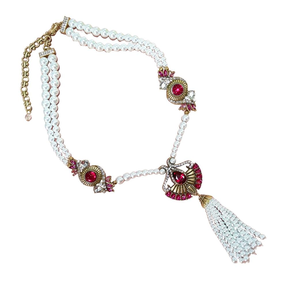 A Vintage Womens Necklace with a Zirconium Rose Fan and Pearl Tassels in Qingdao Style