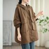 Johnature Woman Autumn Solid Color Hooded Drawstring Long Sleeves Coat Loose Casual Splicing Zipper Coat