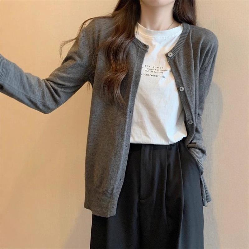 Women's Plus Size Gray Knit Cardigan Coat - Korean Style Versatile Shawl for Spring