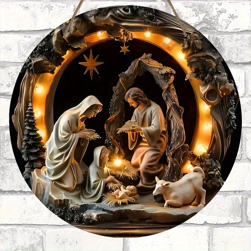 Nativity Scene Wooden Sign 2D Relief Effect of Jesus Round Christmas Ornament for Church Front Door Wall Hanging Decor Ideal