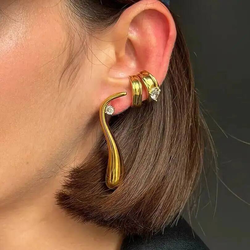 SHIXIN Classic 18K Gold Color Plated Stainless Steel Ear Clip Women Luxury Droplet Shaped Zircon Earring Waterproof Jewelry Gift