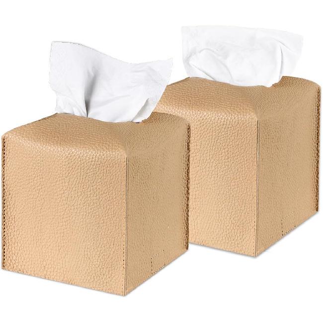 Tissue Box Cover, 2 Pack Beige & White Square PU Leather Tissue Box Holder Decrative Tissue Cube Organizer for Tabletop, Bathroom, Car, Office