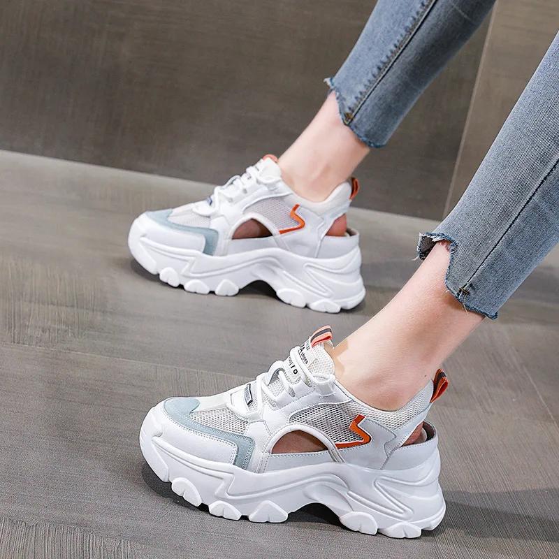 Женские дышащие кроссовки Dad's Shoes, летние новые стильные туфли из натуральной кожи с полыми носками, повседневные сетчатые спортивные сандалии