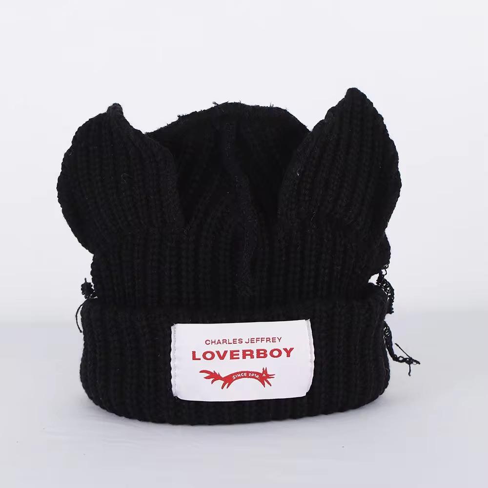 Cute Double-layer Loverboy Cat Ear Knit Hat Hooded Cap Warm Knitted Cap Soft Hip-hop Personality Ear Protection Hat Unisex