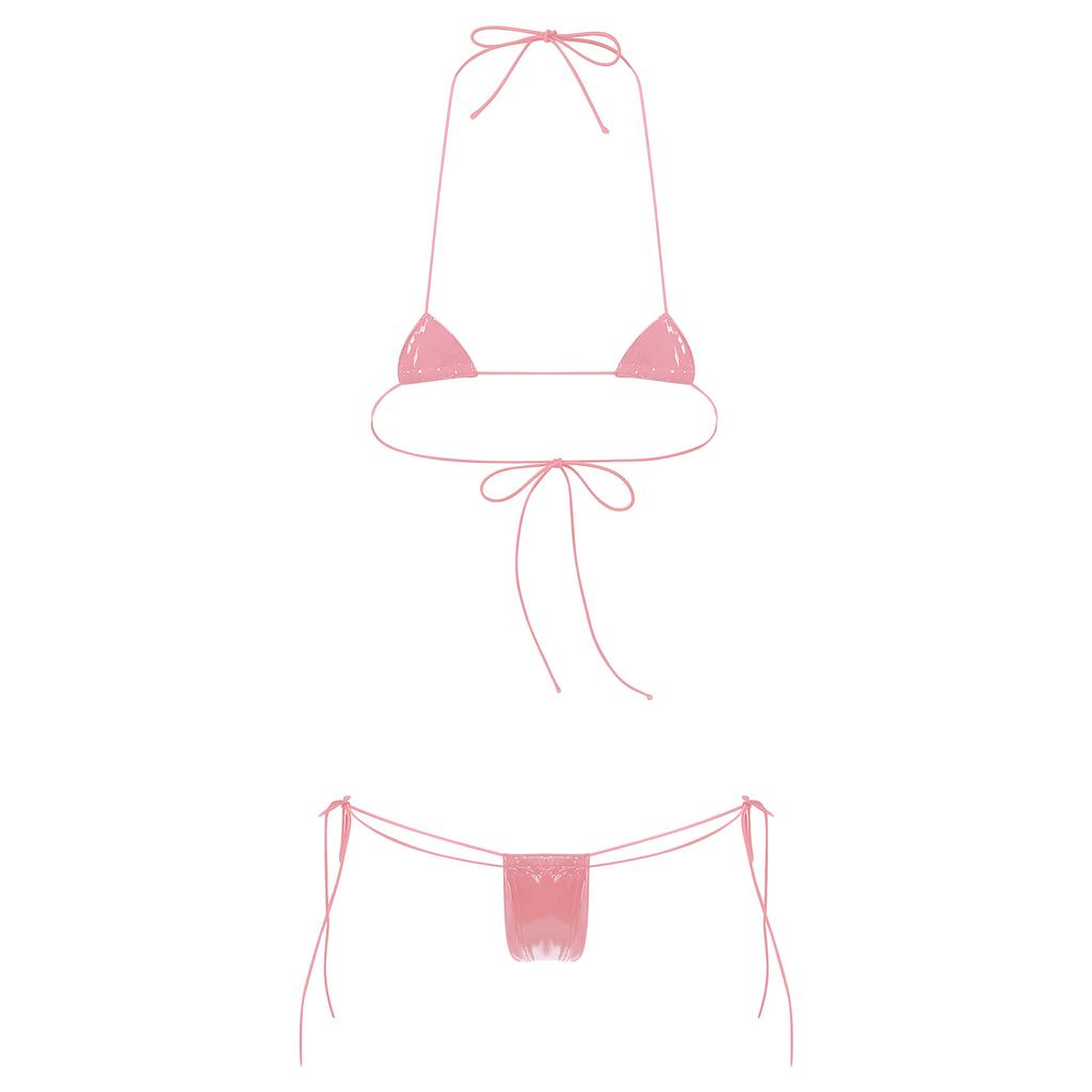 Womens Wet Look Halter Bikini Set High Shine Micro G-string with Adjustable Lace-Up Bra