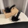 Женские тапочки и босоножки женские черные шлепанцы винтажные туфли с перьями на каблуке лето 2024 пушистая свадьба сексуальные пушистые уникальные Eva I