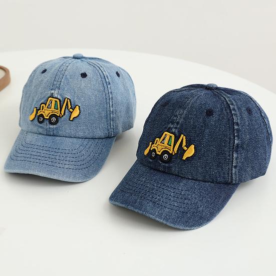 Детская шляпа унисекс, джинсовая бейсболка в стиле ретро, ​​мультяшная экскаваторная вышивка с длинными полями, защита от солнца, уличная шляпа от солнца