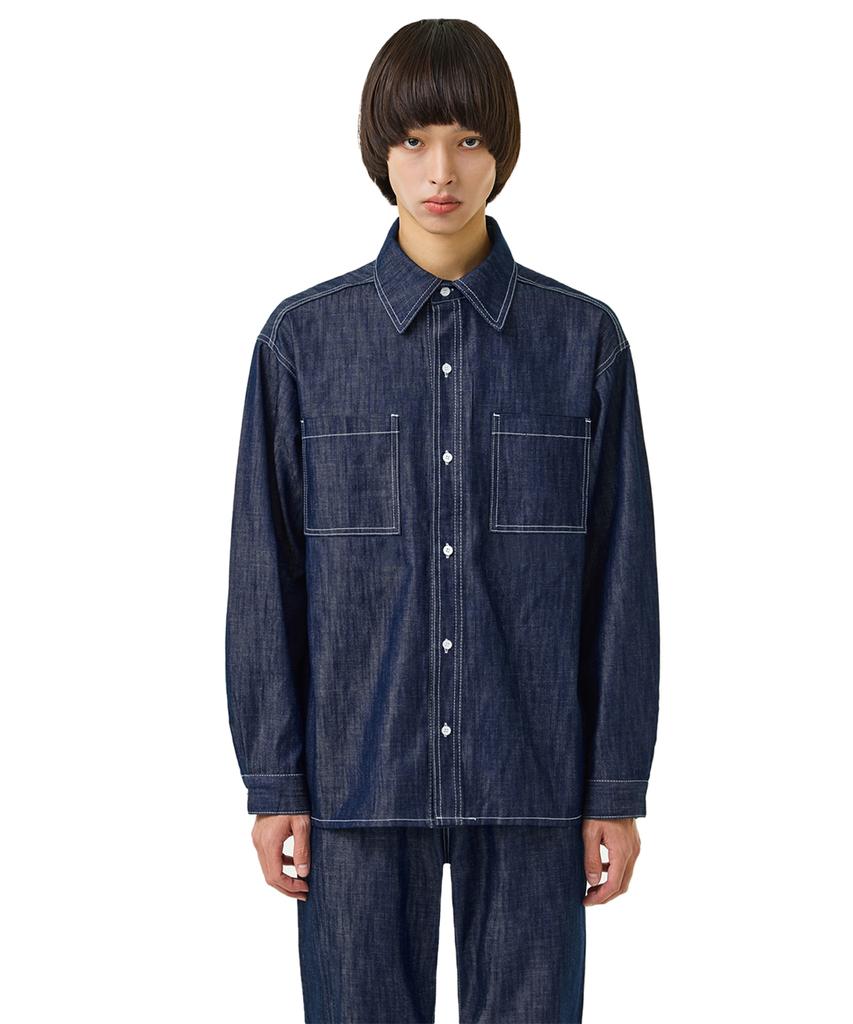 LAUGHER [Summer][Non-Fade] Two-Pocket Denim Work Shirt Long Sleeve - Indigo
