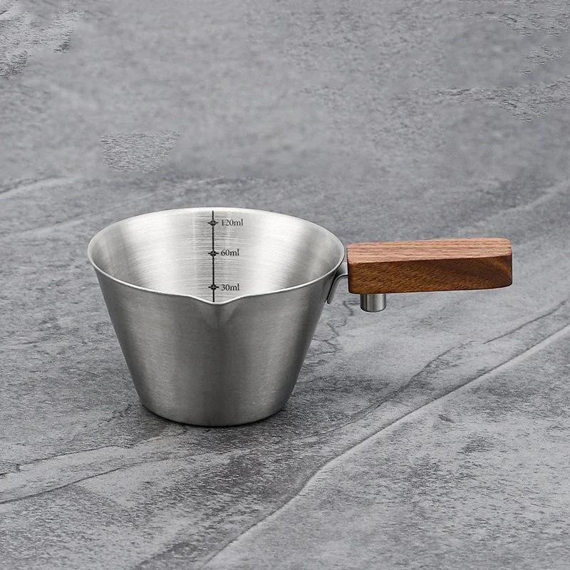 120ML Espresso Measuring Cup Wood Handle Single Spout with Scale Stainless Steel Extraction Cup Thicken Coffee Cup Barista Tool