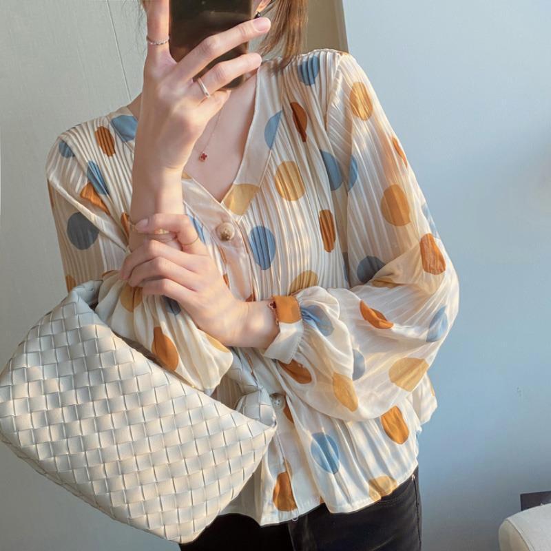 Женская летняя рубашка из шифона в горошек, свободная верхняя рубашка с длинными рукавами, кардиган