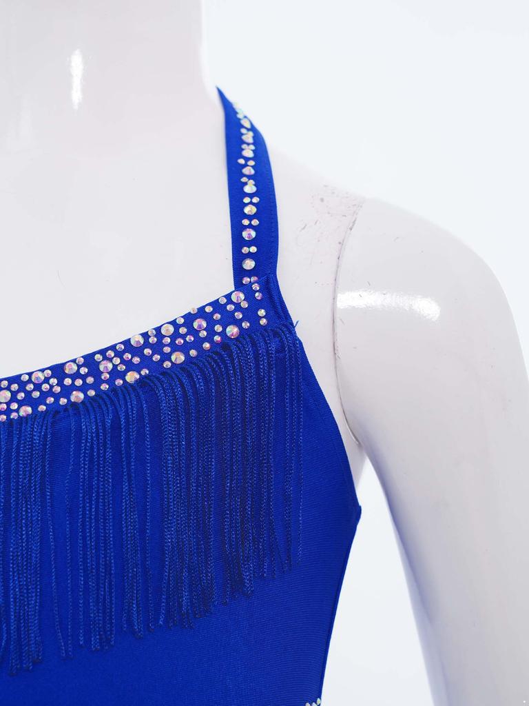 Girls Performance Leotard Halter Sleeveless Cutout Back with Feather Skirt Latin Dancewear