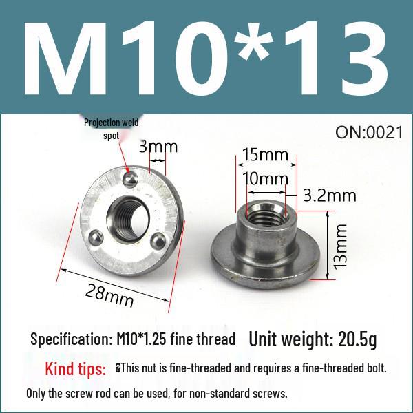 Thickened Welded T-Nut, Cold Heading Iron Plate, Round Imperial Fine Thread, Natural Color, Sizes M6/M8/M10.