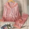 Осенне-зимняя брючная пижама, свободный домашний костюм, новый женский комплект из 2 предметов, бархатная пижама, милая розовая кружевная отделка, ночная рубашка