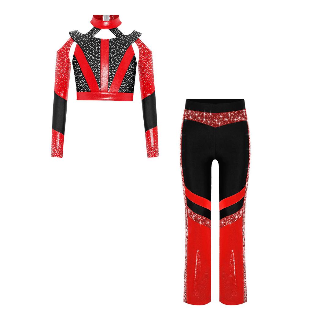 Girls Gymnastics Costume Long Sleeve Shiny Top Rhinestone Color Block Cross Back Flared Pants