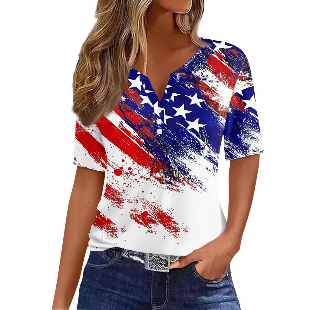Women's T Shirt Independence Day Print Button Short Sleeve Daily Weekend Fashion Basic V- Neck Regular Top
