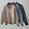 Женский свитер с V-образным вырезом, осень/зима, свободный пуловер, клетчатый свитер с цветовыми блоками