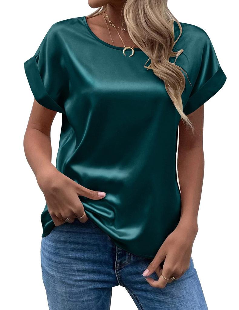 Spring and Summer New Women's Short Sleeve Satin Shirt Loose Casual Round Neck Colored Ding T-shirt Women