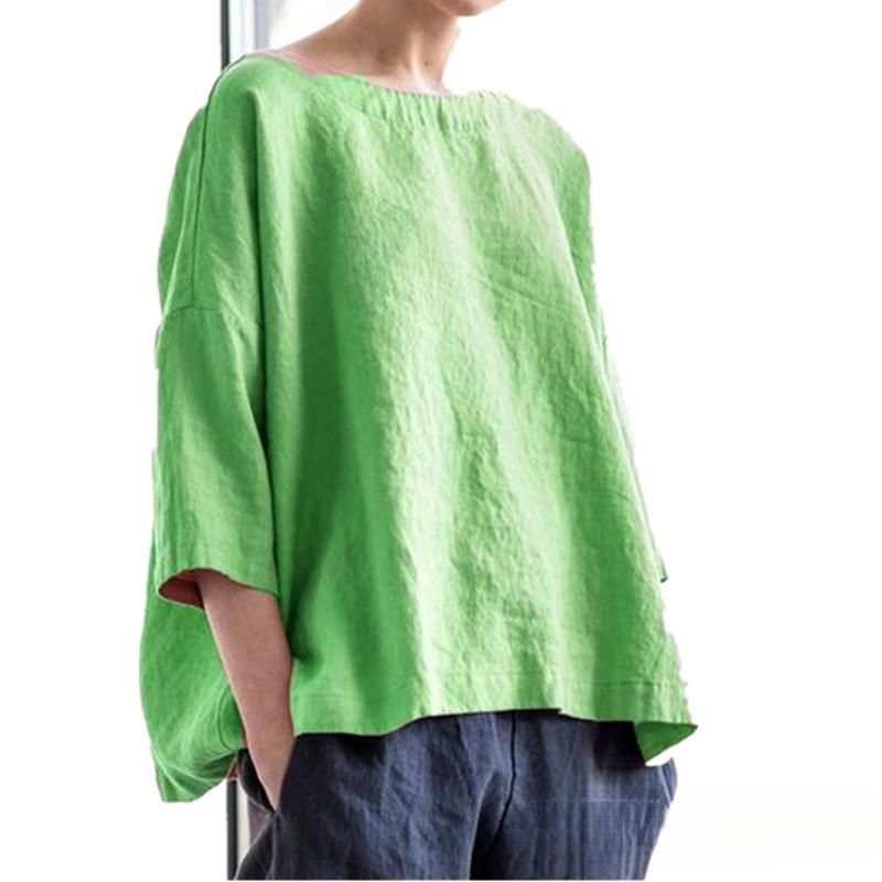 Summer Women's Round Neck T-shirt Cotton and Linen Loose Top Retro Three-quarter Sleeve Blouse Top