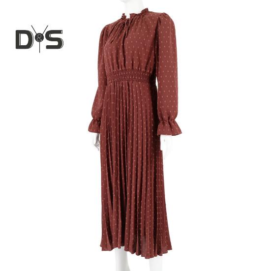 Women Fall Spring Dress Dot Print Pleated High Tight Waist Long Sleeve Shirring Collar Lace Up V Neck Mid Calf Length Lady Midi Dress