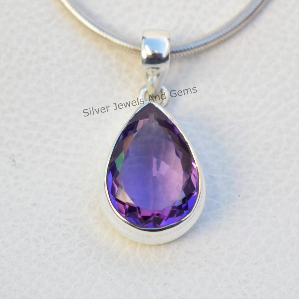 Natural Amethyst Pendant-925 Sterling Silver Handmade Pendant-Teardrop Crystal Pendant-Anniversary Pendant