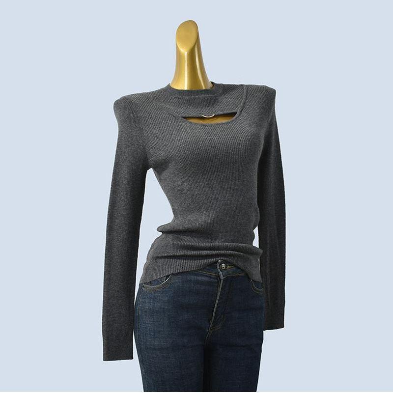 Soft Glutinous Inner Wear Spring and Autumn Sunken Stripe Silm Long Sleeves Pure Color Knitting Woolen Sweater Cut Out Stylish Women's Clothing