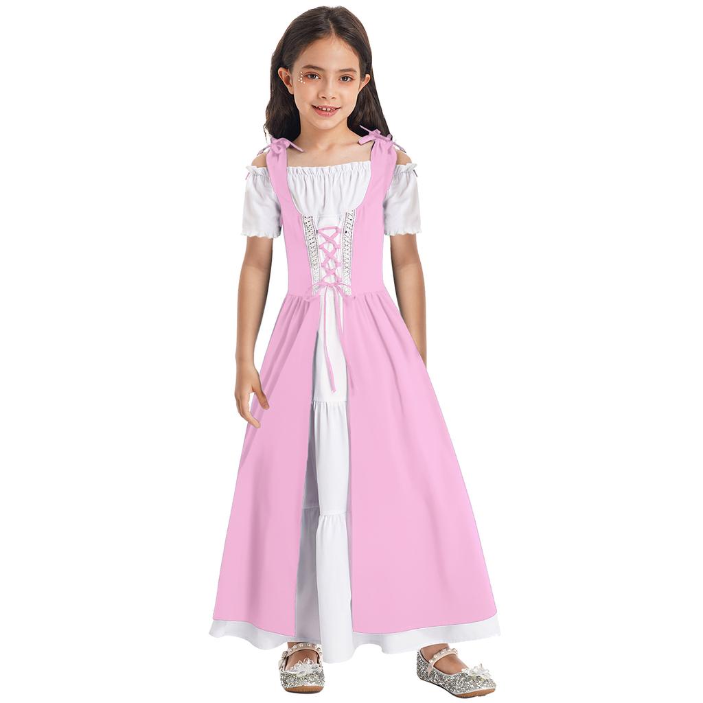 Kids Girls Renaissance Cosplay Medieval Dress Up Costumes Short Sleeve Adjustable Lace-up Gown Dress