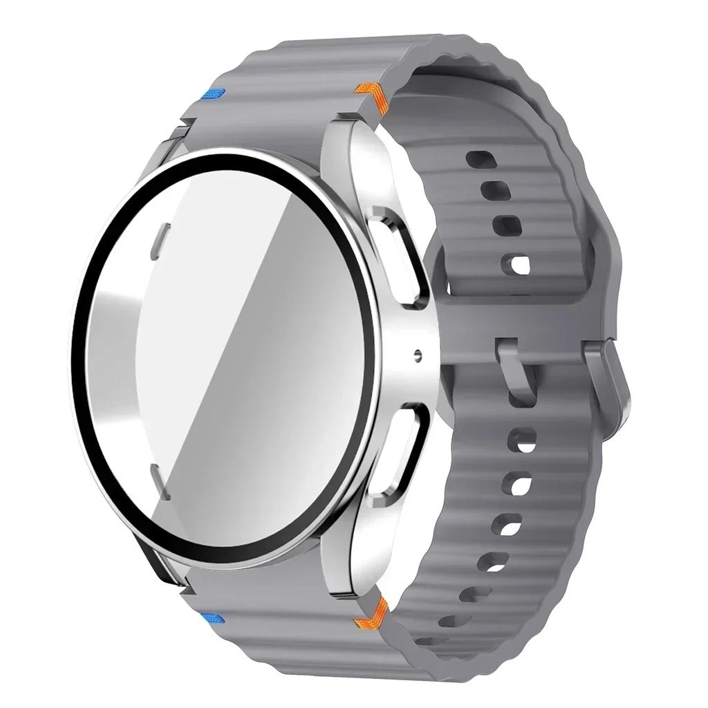 Чехол+Ремешок для Samsung Galaxy Watch 7 6 5 4 40мм 44мм Силиконовый Браслет Защитная Пленка для Экрана из Закаленного Стекла Бампер